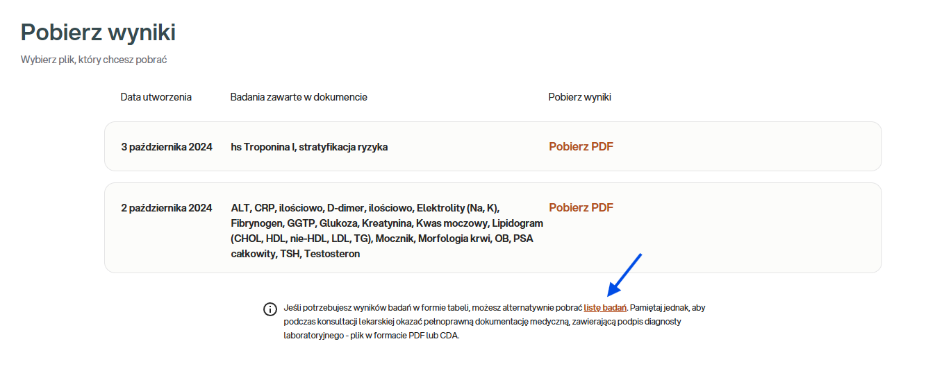 Ekran „Pobierz wyniki” na wyniki.diag.pl. Pod listą dokumentów z przyciskami „Pobierz PDF” znajduje się przypis: „Jeśli potrzebujesz wyników badań w formie tabeli, możesz alternatywnie pobrać listę badań” — słowa „listę badań” są linkiem pobierającym plik .csv.