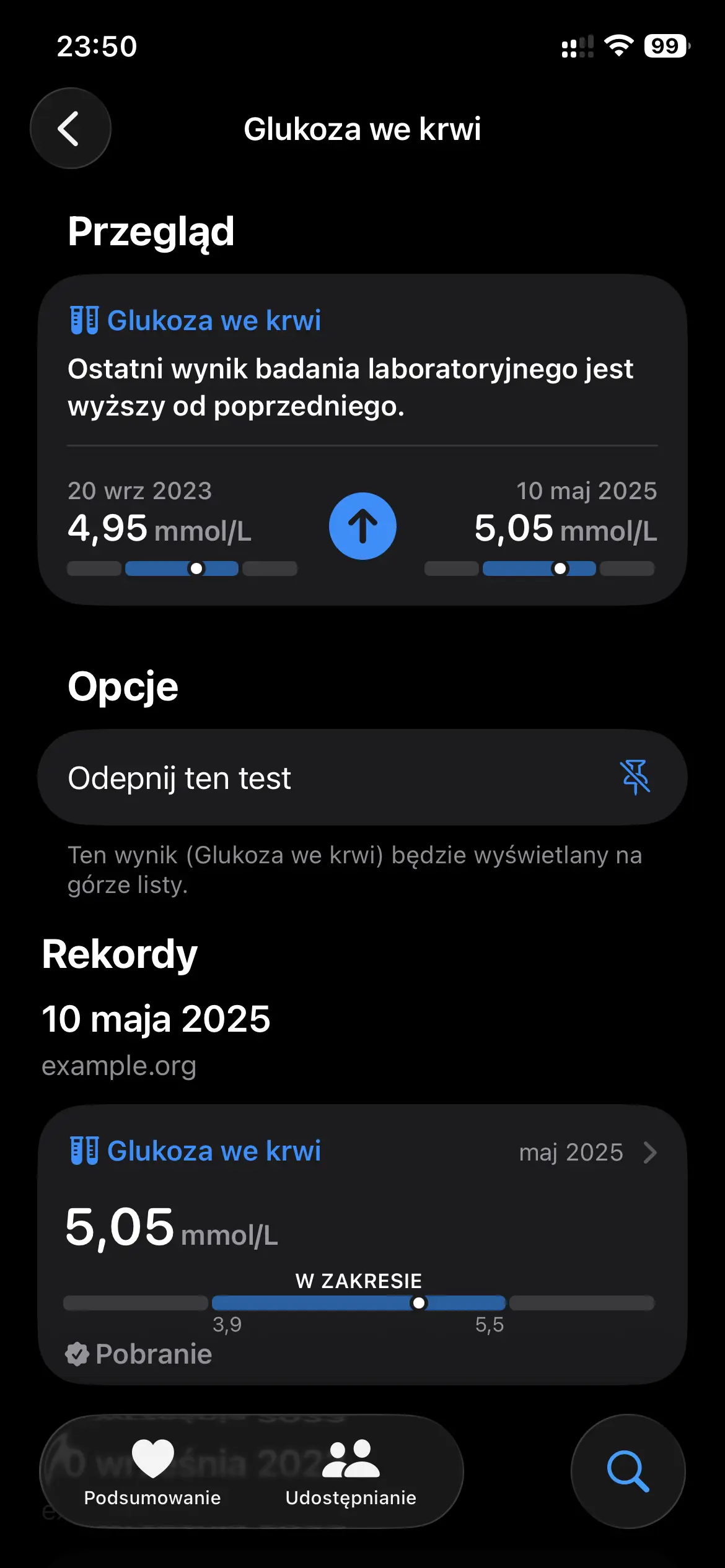 Zrzut ekranu Apple Zdrowie — szczegóły wyniku glukozy z porównaniem 4,95 → 5,05 mmol/L i historią rekordów