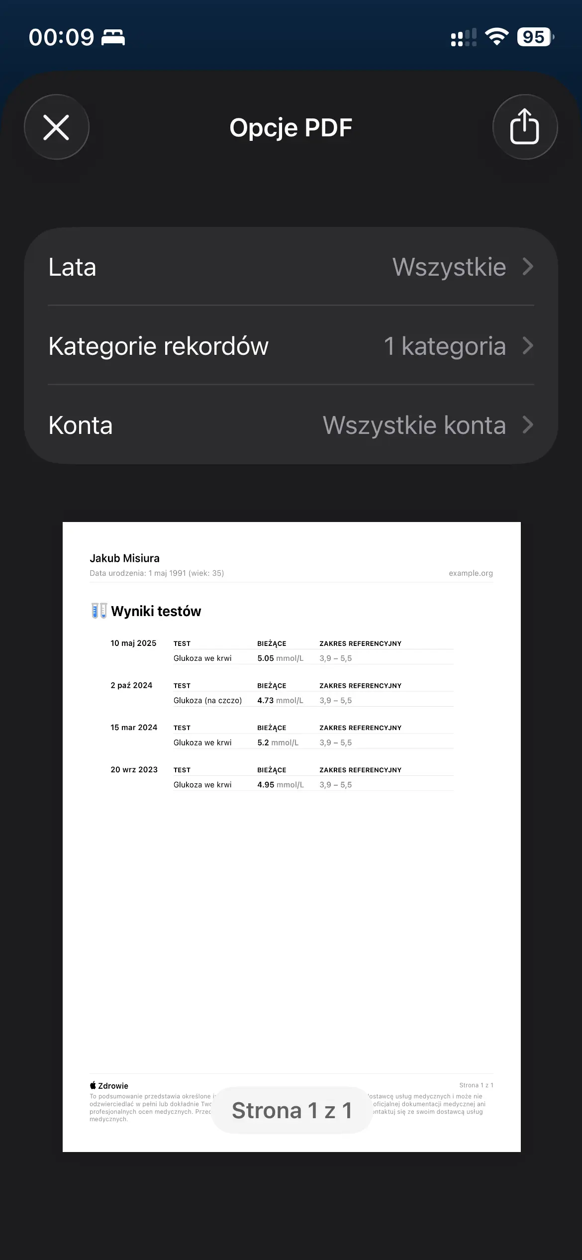 Zrzut ekranu Apple Zdrowie — ekran „Opcje PDF